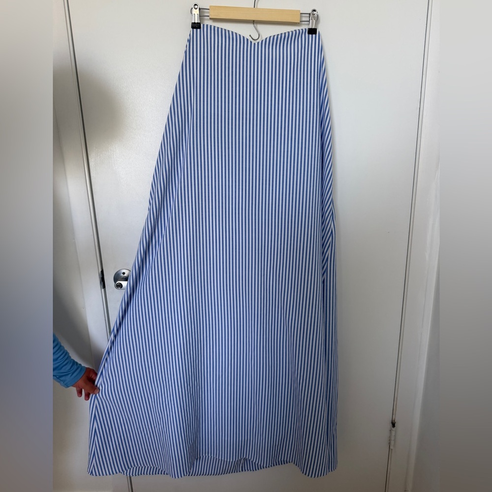 Pomander Place Seersucker Striped Strapless Dress Sz L Maxi Loose Blue
